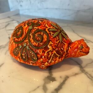 Vintage Patterned Hand Crafted Colorful Orange Turtle Piggy Bank!